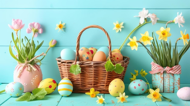 Escena festiva da Páscoa Cesto de ovos coloridos e narcisos na mesa com fundo azul na parede