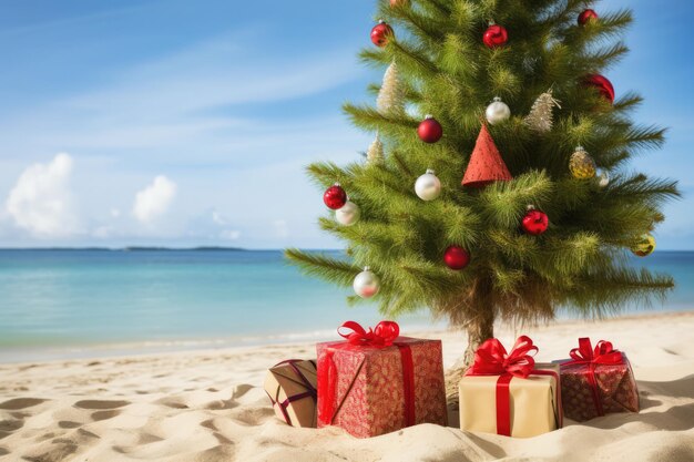 Escena festiva de Natal Árvore de Natal e presentes numa praia de areia