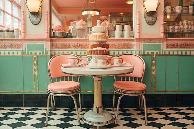 Foto escena festiva con flotadores de helado servidos en vasos de fuente de refresco retro