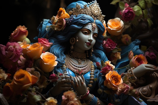 Escena festiva de Janmashtami con adoración de Krishna generativa IA