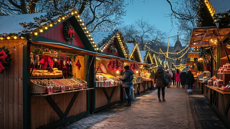 Escena festiva de mercado con puestos iluminados personas disfrutando de la atmósfera navideña