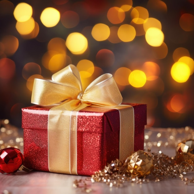 Una escena festiva de Navidad con un regalo rojo y dorado envuelto en cinta