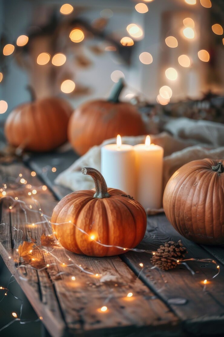 Escena festiva de otoño con calabazas y velas en una mesa de madera rústica que crea una atmósfera cálida y acogedora
