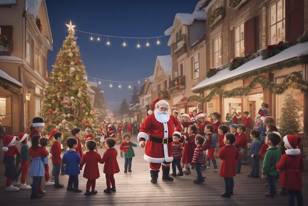 Una escena festiva de Papá Noel llegando a una plaza de la ciudad recibido por niños emocionados