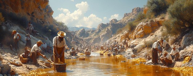 Escena de la fiebre del oro con los mineros en el fondo