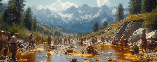 Foto escena de la fiebre del oro con los mineros en el fondo