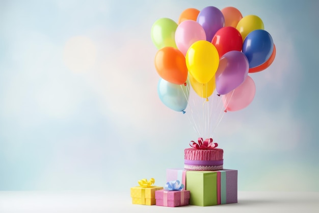 Escena de fiesta de cumpleaños con un pastel de arco iris presenta sombreros, globos y un fondo gris claro