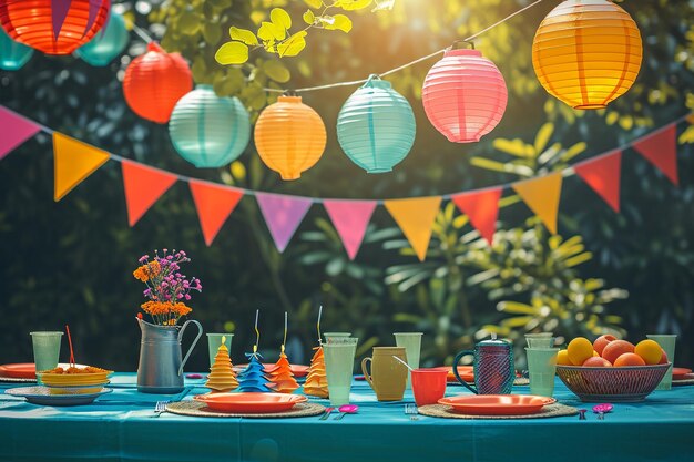 Escena de fiesta festiva con coloridos banderines y linternas