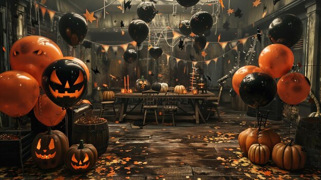 Una escena de fiesta de Halloween con una variedad de calabazas con decoraciones espeluznantes