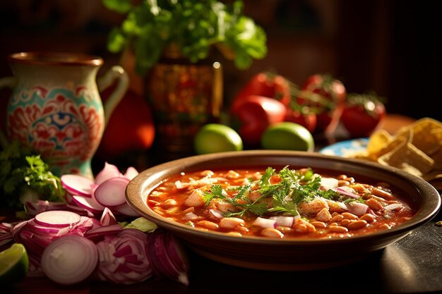 Una escena de fiesta mexicana con Pozole como plato destacado