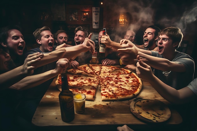 Escena de una fiesta de pizza con amigos