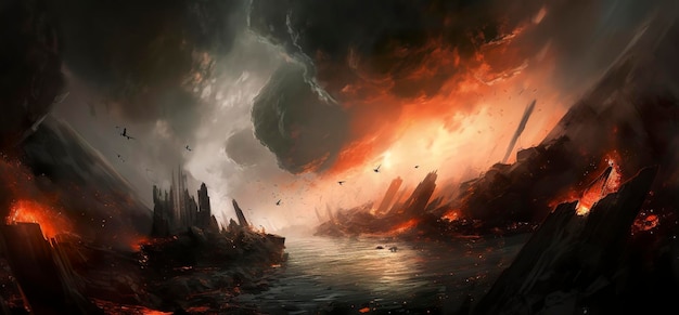 Escena del fin del mundo del colapso mundial en una generación de IA de pintura digital