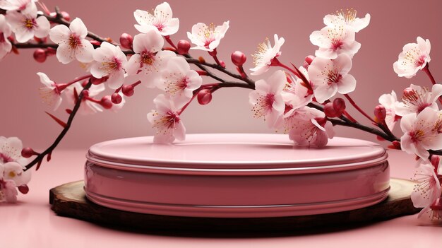 Escena floral de primavera en 3D con exhibición en el podio en rosa