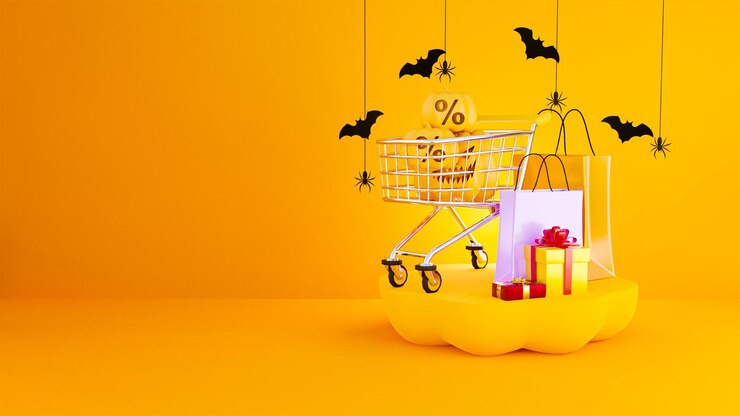 Escena de fondo de banner de publicidad de venta de compras de feliz halloween en representación 3d realista