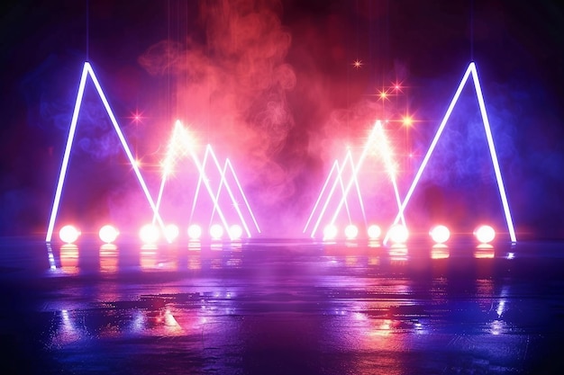 Escena de fondo vacío Reflexión de la calle oscura en el asfalto húmedo Rayos de luz de neón en la oscuridad Figuras de neón humo Fondo de espectáculo de escenario vacío Fondo oscuro abstracto