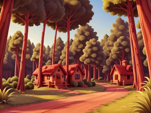 Escena forestal de animación 3D con varios árboles del bosque