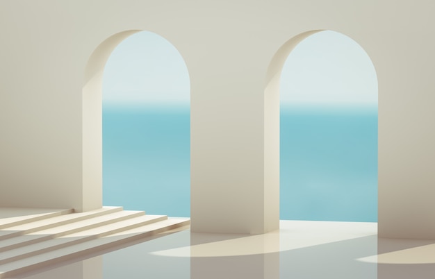 Escena con formas geométricas, arco con podio a la luz del día natural. Fondo de paisaje mínimo. vista marítima. Fondo de procesamiento 3D.