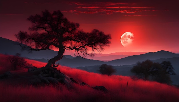 escena de fotografía con contorno de árbol viejo contra un cielo de crepúsculo rojo