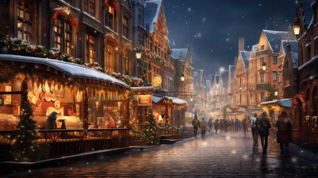 Escena fotográfica del mercado de Navidad en una antigua ciudad europea Calles de invierno con puestos que venden golosinas festivas Noche de invierno