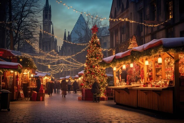 Escena fotográfica del mercado navideño en una antigua ciudad europea calles de invierno con puestos que venden golosinas festivas noche de invierno