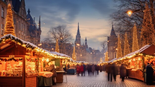 Escena fotográfica del mercado navideño en una antigua ciudad europea calles de invierno con puestos que venden golosinas festivas noche de invierno