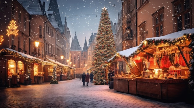 Escena fotográfica del mercado navideño en una antigua ciudad europea calles de invierno con puestos que venden golosinas festivas noche de invierno