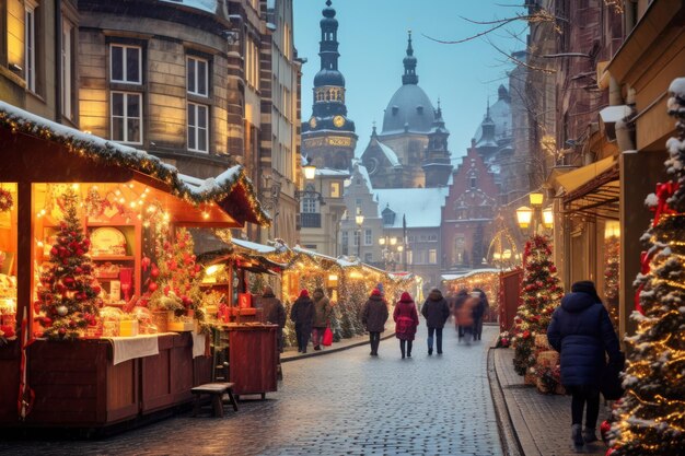 Escena fotográfica del mercado navideño en una antigua ciudad europea calles de invierno con puestos que venden golosinas festivas noche de invierno