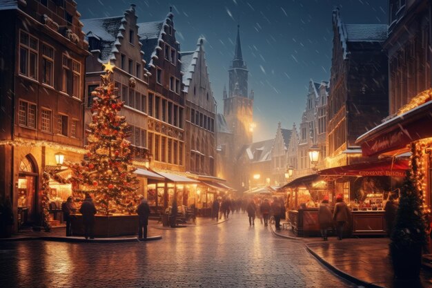 Escena fotográfica del mercado navideño en una antigua ciudad europea calles de invierno con puestos que venden golosinas festivas noche de invierno