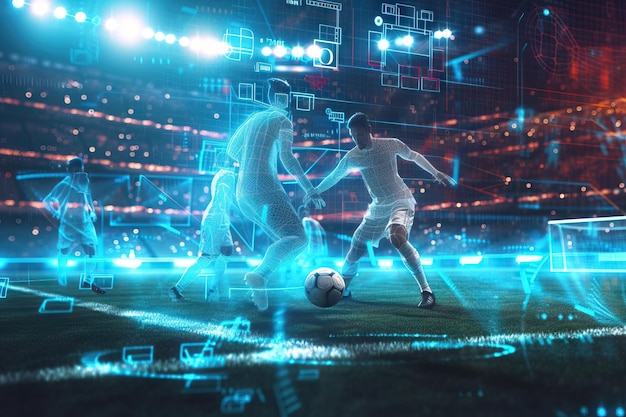 Escena de fútbol con jugadores de fútbol en el estadio con análisis de tecnología generativa ai