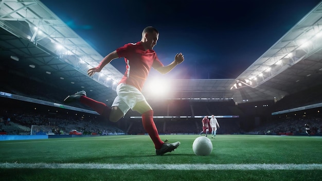 Escena de fútbol en un partido nocturno con un primer plano de un jugador de fútbol corriendo para patear la pelota en el estadio