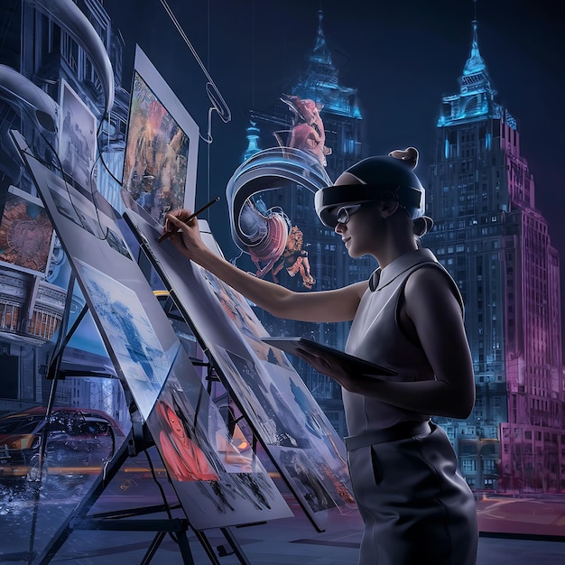 una escena futurista de un artista profesional usando la tecnología