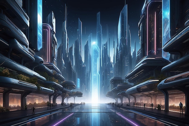 Escena futurista de la ciudad en un espacio con un reflejo de luz de crecimiento