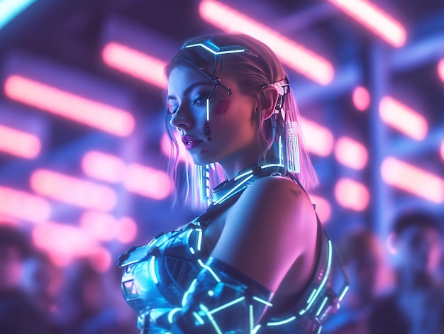 Escena futurista de un club nocturno con luces de neón