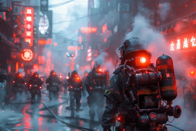 Escena futurista da cidade cyberpunk com bombeiros em ação em meio a luzes de néon e névoa urbana