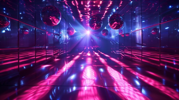 Escena futurista de boate com bolas de discoteca e iluminação rosa vibrante