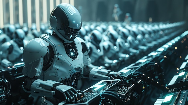 Foto una escena futurista que representa a un robot tocando un sintetizador entre un ejército de unidades robóticas similares