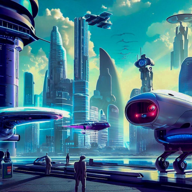 Escena futurista con rascacielos, aerodeslizadores y robots.