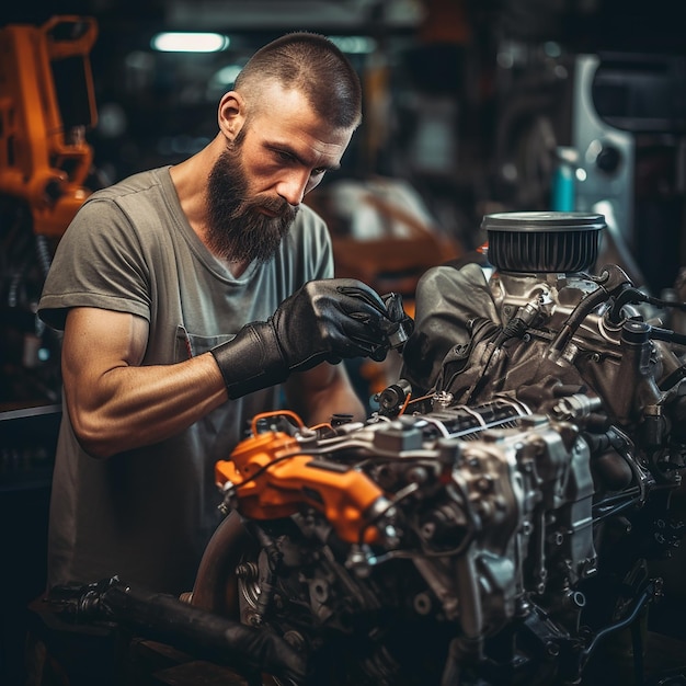 Escena del garaje del mecánico Mecánico de automóviles en el trabajo