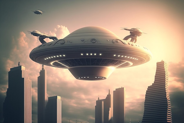 Escena generativa de ciencia ficción ai con nave espacial alienígena Visitantes extraterrestres en platillo volador sobre la ciudad