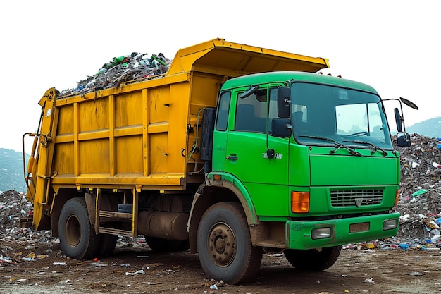 Escena de gestión de residuos Los camiones de basura descargan en contenedores de eliminación aislados