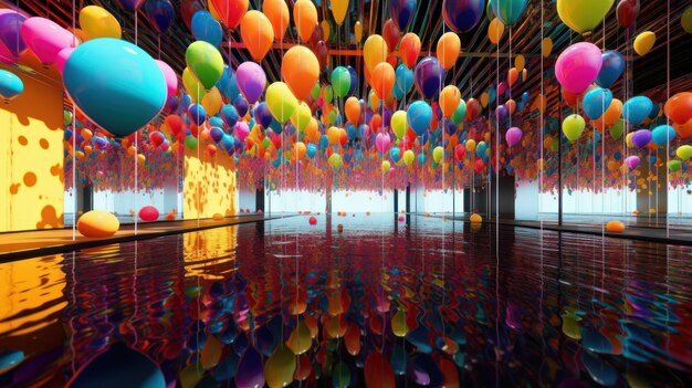 Foto una escena con globos de colores flotando en una habitación con espejos crea una atmósfera fantástica
