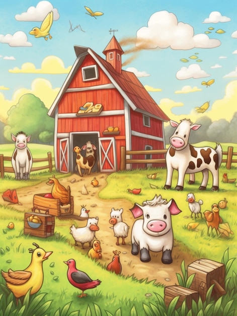 Foto escena de granja de dibujos animados con animales de granja y un granero ai generativo