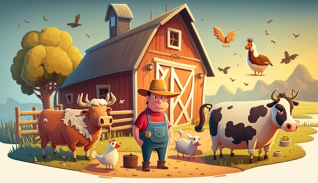 Una escena de una granja de dibujos animados con un hombre parado frente a un granero y un granero con un montón de vacas.