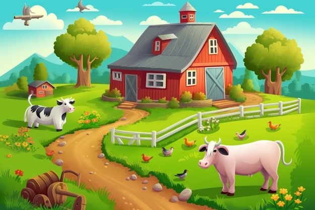 Foto escena de granja de dibujos animados con vacas y ai generativo de casa de campo