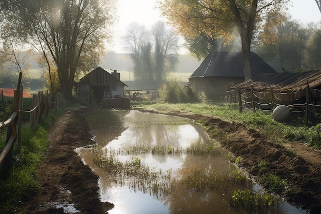 Una escena de granja con un estanque y una casa al fondo.