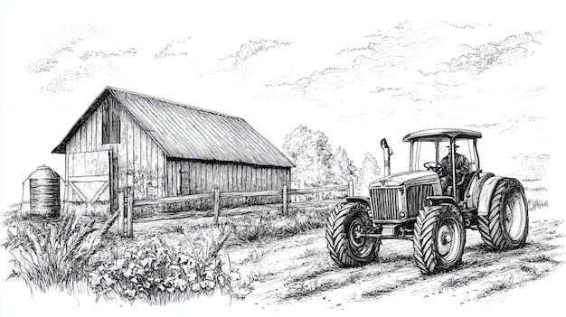 Escena de granja con un granero y un tractor en un paisaje rural dibujo en blanco y negro
