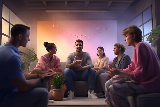 Escena del grupo de apoyo de salud mental LGBTQ con Generative ai