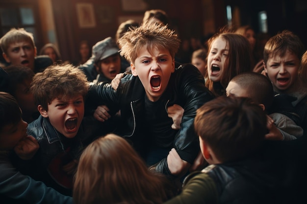 Escena con un grupo de niños peleando en la escuela.