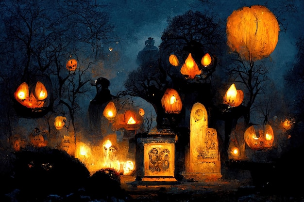 Escena de Halloween con ambiente místico humor oscuro y aterrador con calabazas nubes oscuras y cielo grande m