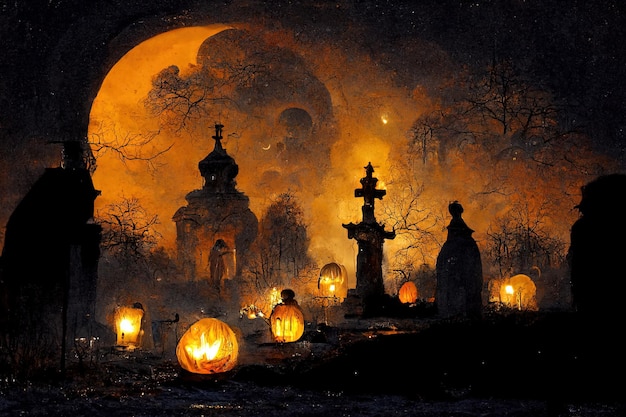 Escena de Halloween con ambiente místico humor oscuro y aterrador con calabazas nubes oscuras y cielo grande m